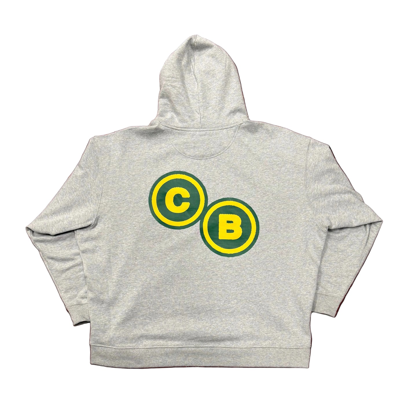 Gray hoodie with 'CB' logos on a green patterned background