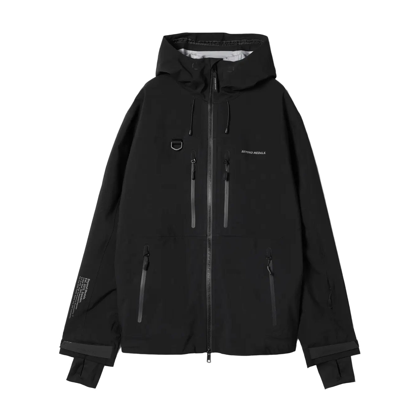 Black jacket with brand logo on a light gray background