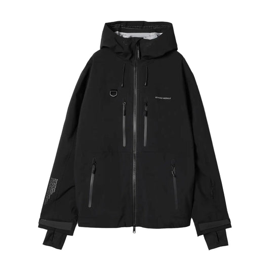 Black jacket with brand logo on a light gray background