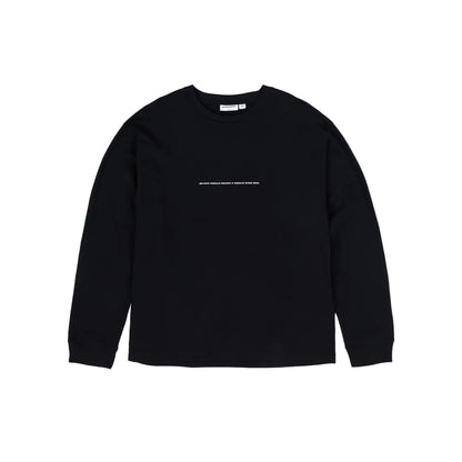 Black long-sleeve shirt with white text on a light gray background