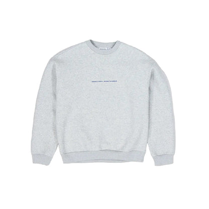 Gray sweatshirt with a small black logo on a light gray background