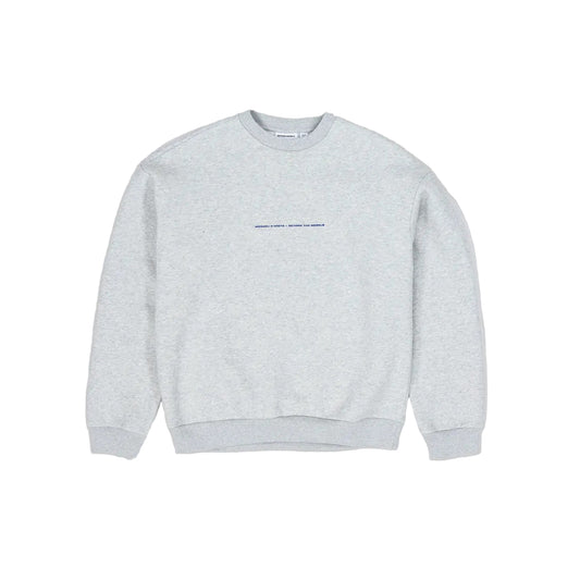 Gray sweatshirt with a small black logo on a light gray background