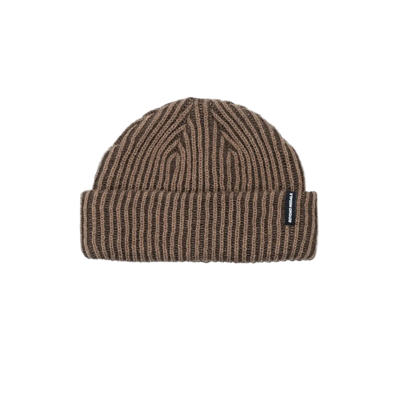 Brown ribbed knit beanie with a brand label on a light gray background