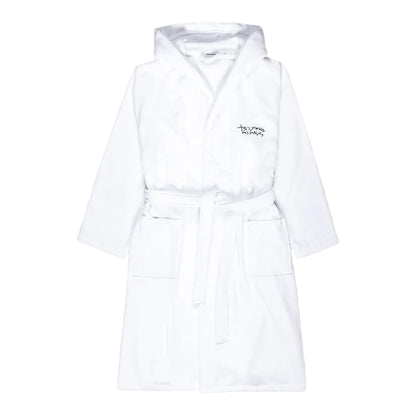 White robe with a logo on a light gray background