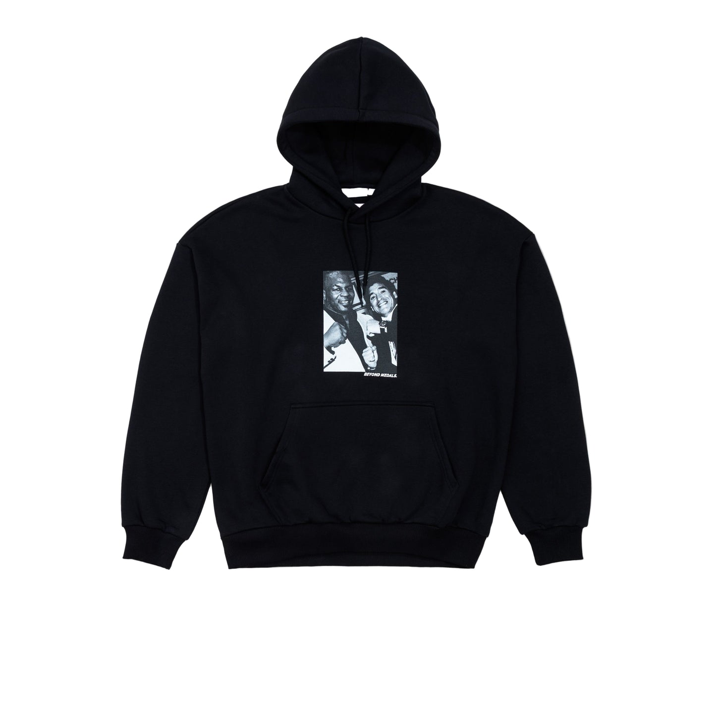 Black hoodie with a graphic design on a light gray background
