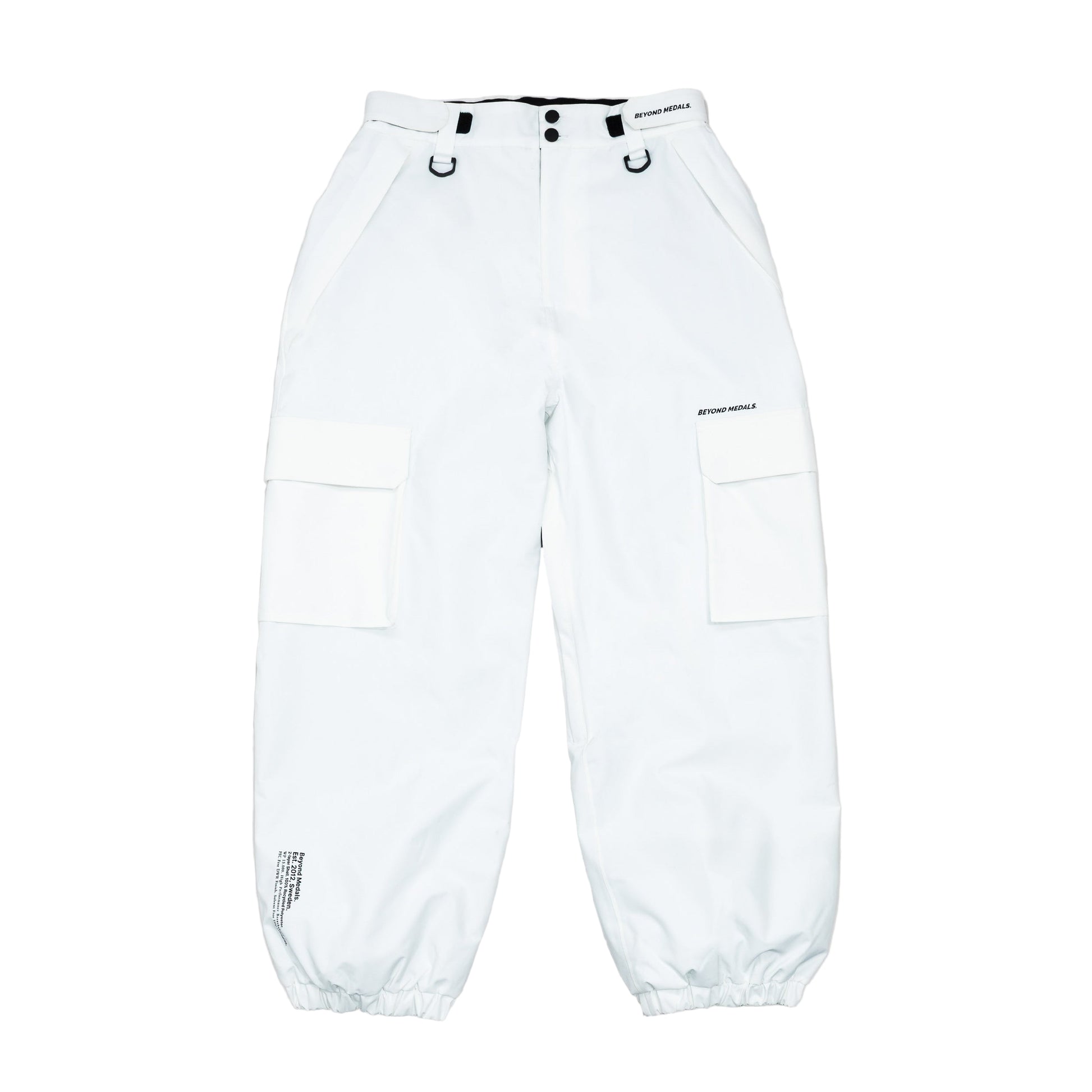 White pants with black accents on a gray background