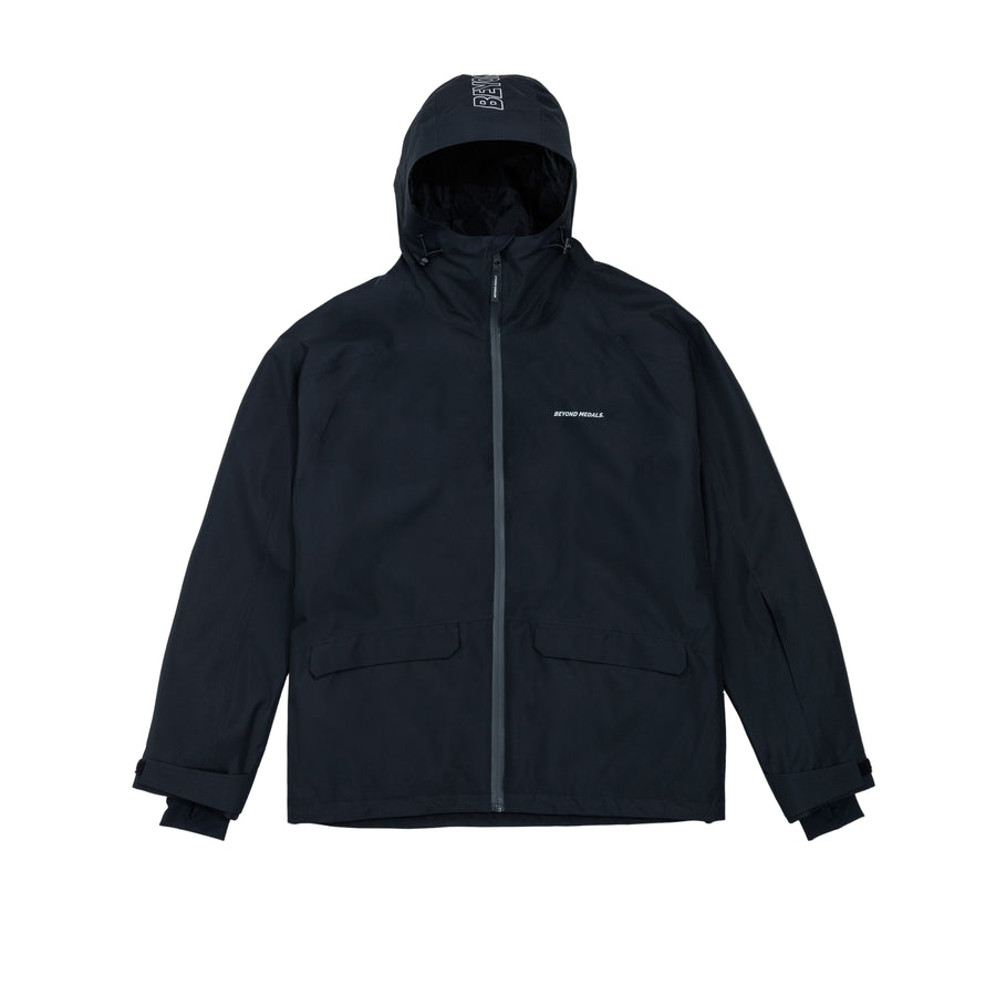 Black jacket with a hood on a light gray background