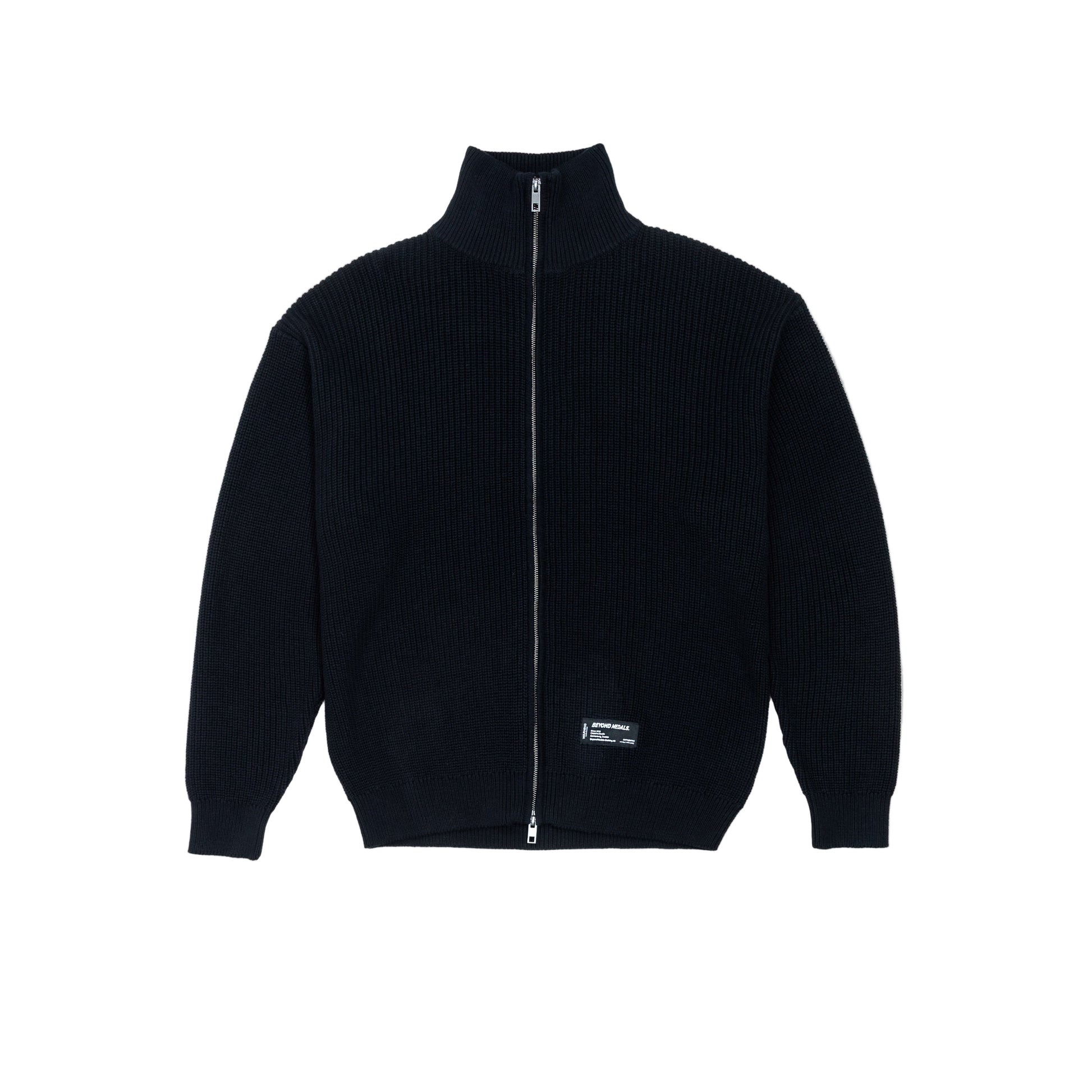 Black zip-up jacket on a light gray background