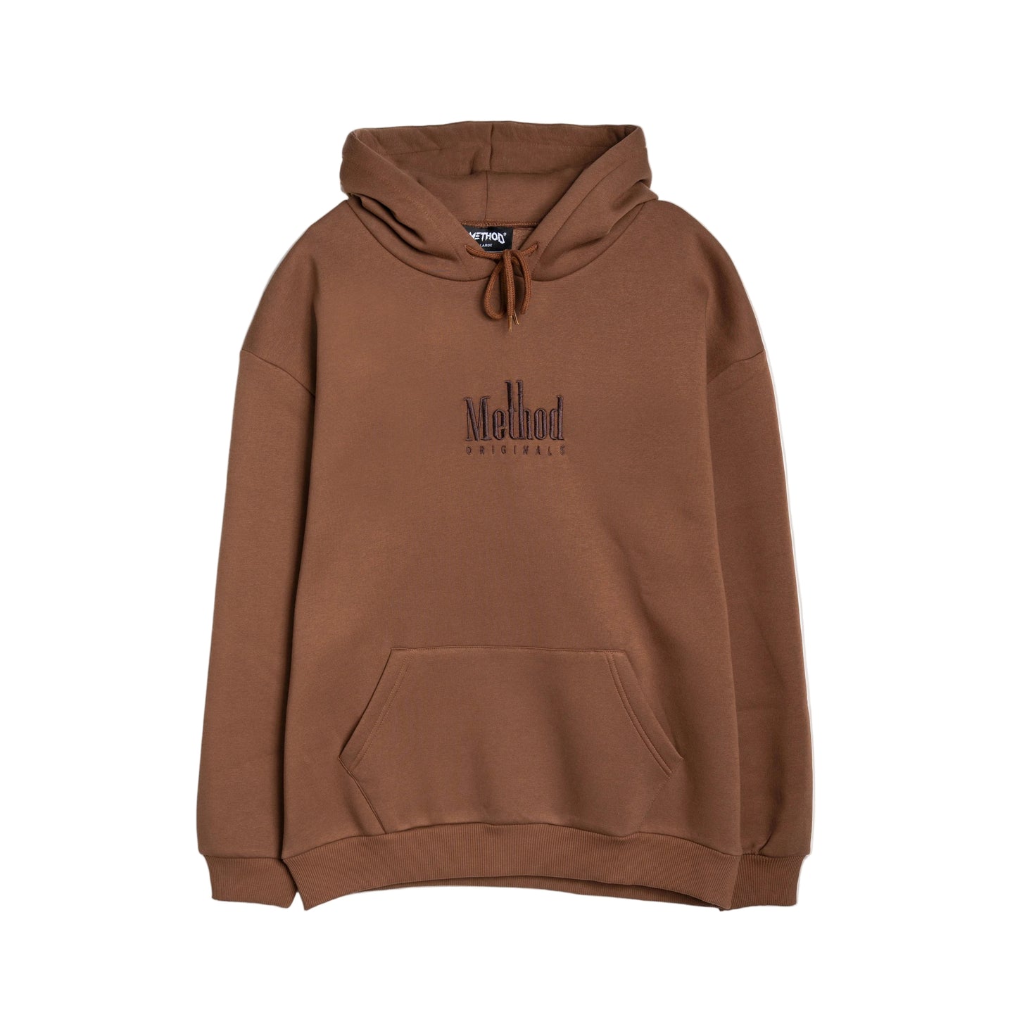 Brown hoodie with 'Method' branding on a white background