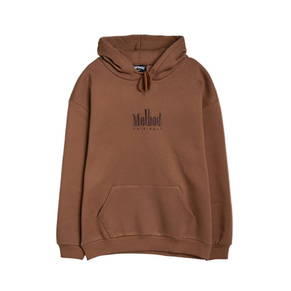 Brown hoodie with 'Method' branding on a white background