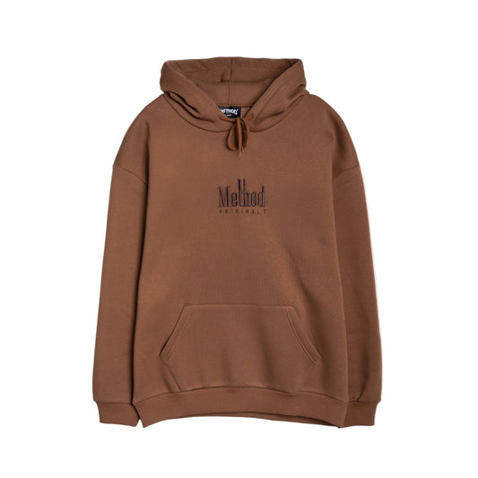Brown hoodie with 'Method' branding on a white background