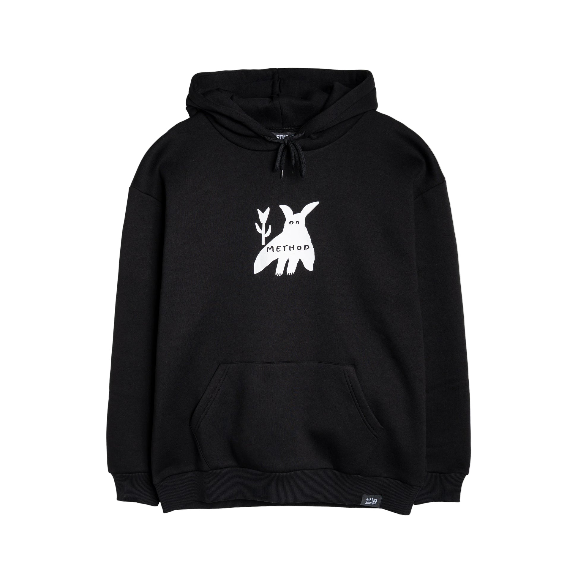Black hoodie with a white logo on a white background