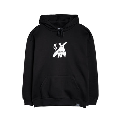 Black hoodie with a white logo on a white background
