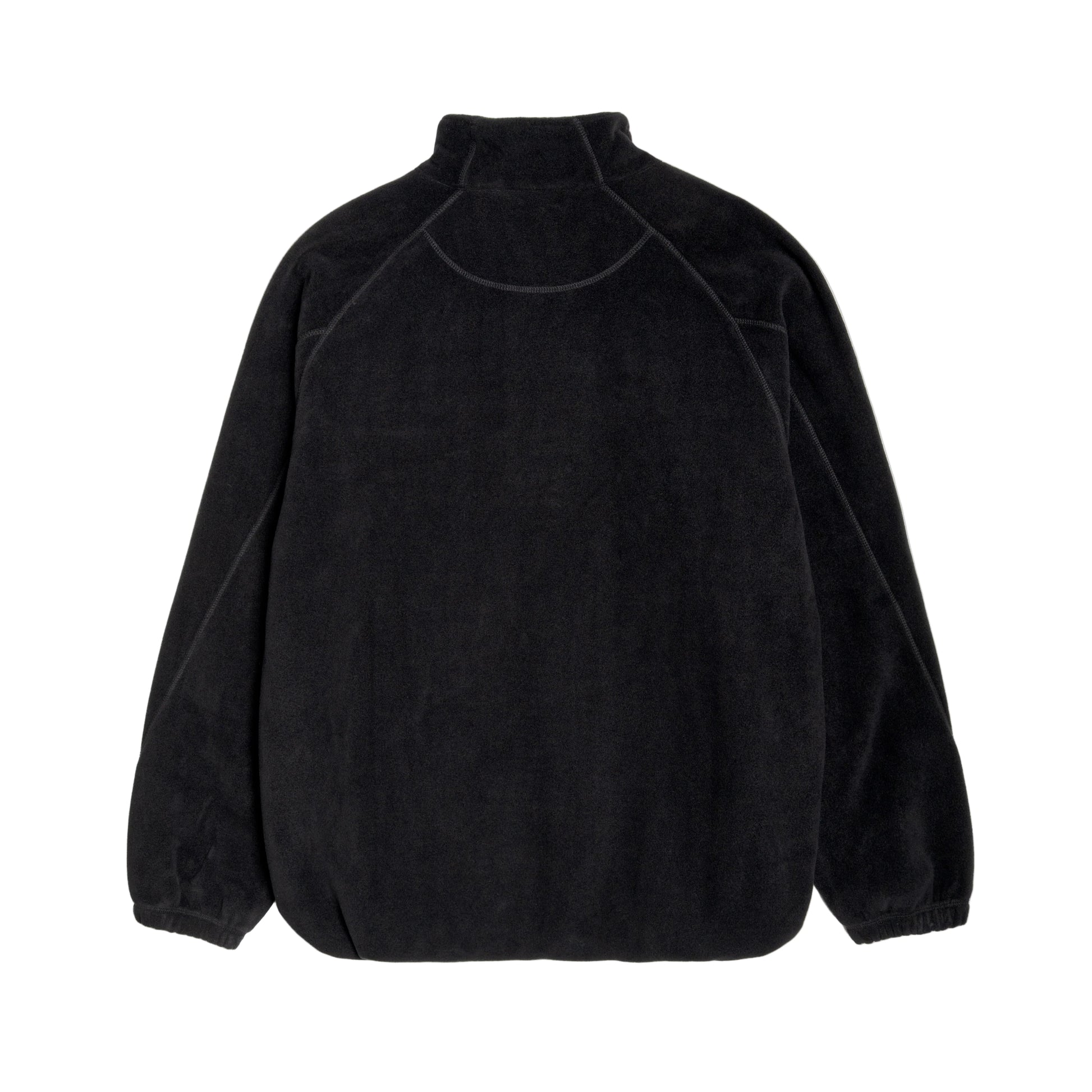 Black fleece pullover on a light gray background