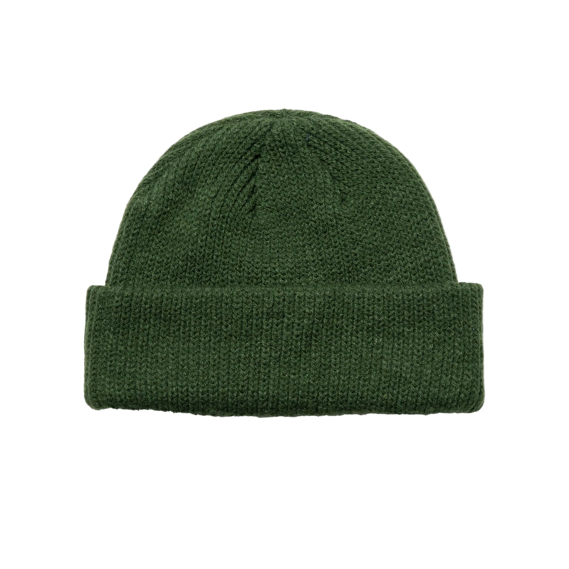 Green knit beanie on a white background
