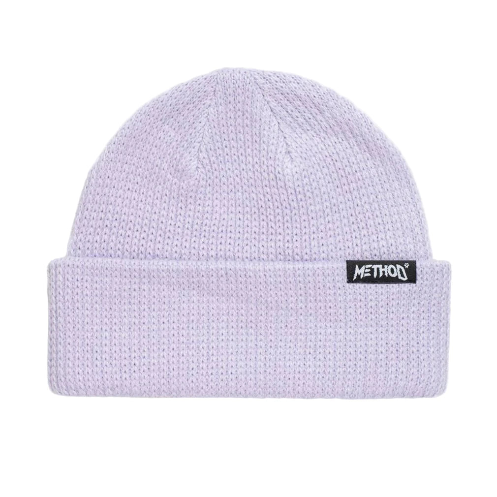Light purple beanie with a black logo on a white background