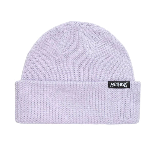 Light purple beanie with a black logo on a white background