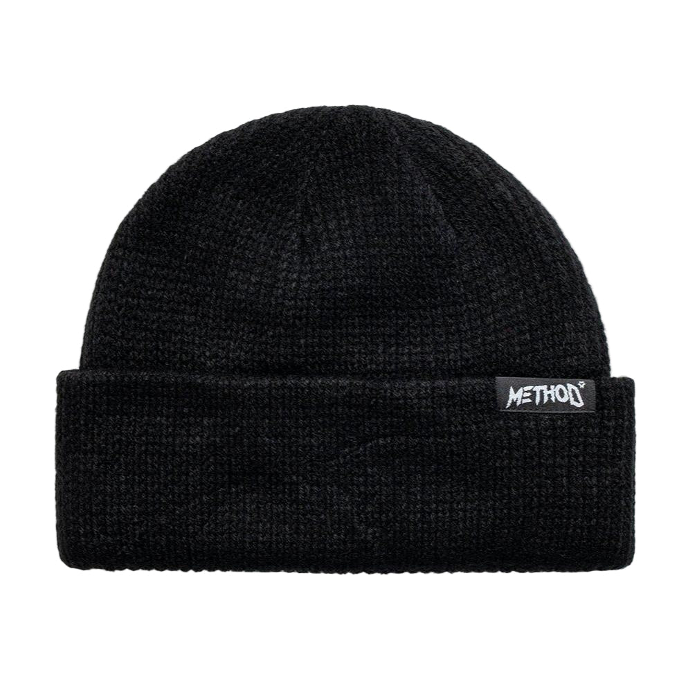 Black beanie with a logo on a white background