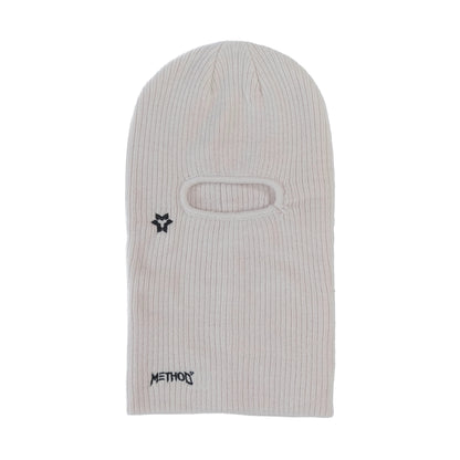 White ribbed balaclava with black logo and text on a white background