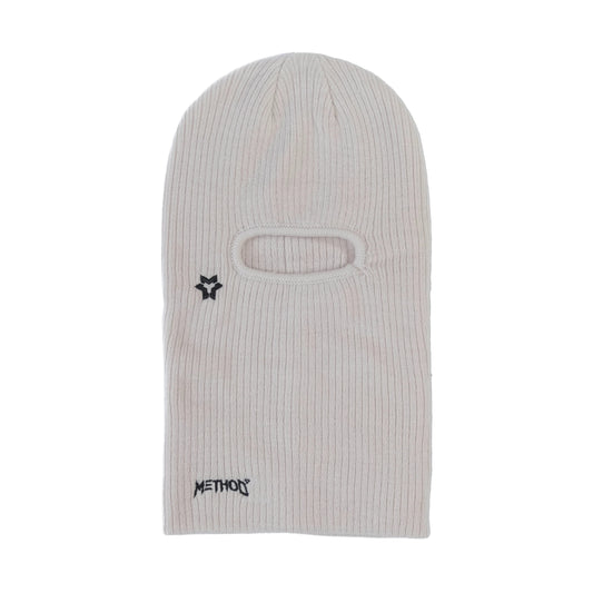 White ribbed balaclava with black logo and text on a white background