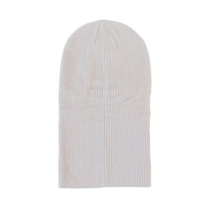 White ribbed knit beanie on a white background