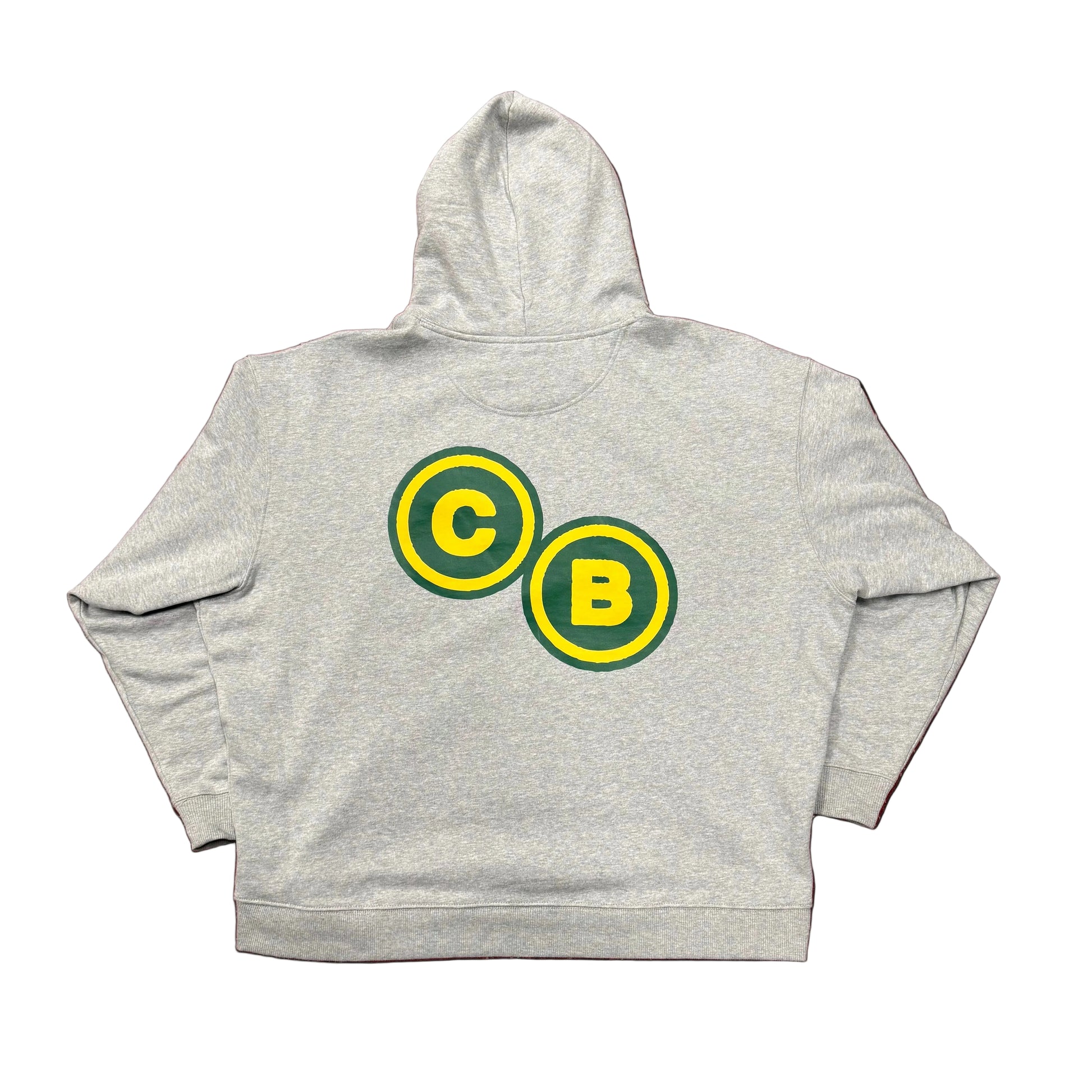 Gray hoodie with 'CB' logos on a green patterned background