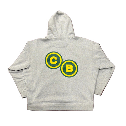 Gray hoodie with 'CB' logos on a green patterned background