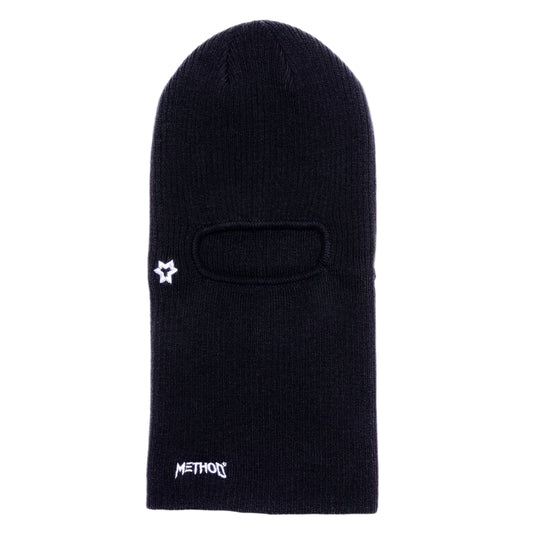 Black balaclava with a small logo on a white background