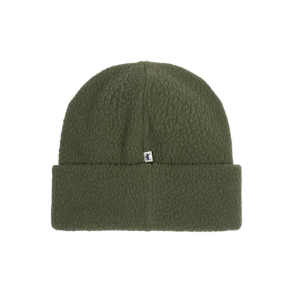 Green beanie with a small logo on a white background