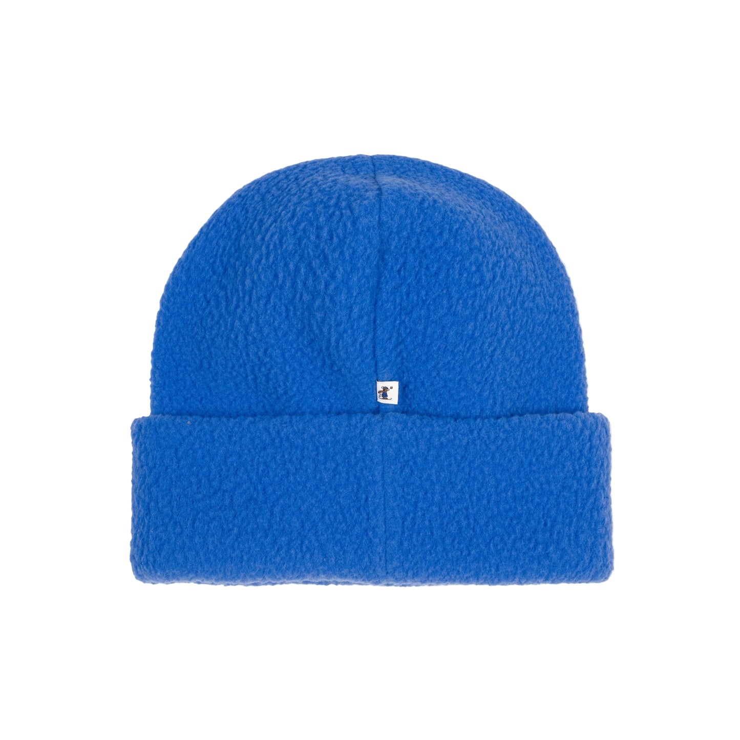 Blue beanie with a small white logo on a white background