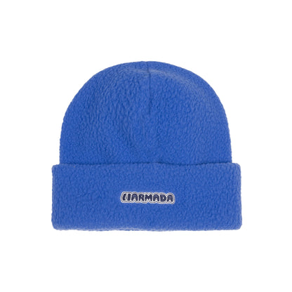Blue beanie with a brand logo on a white background