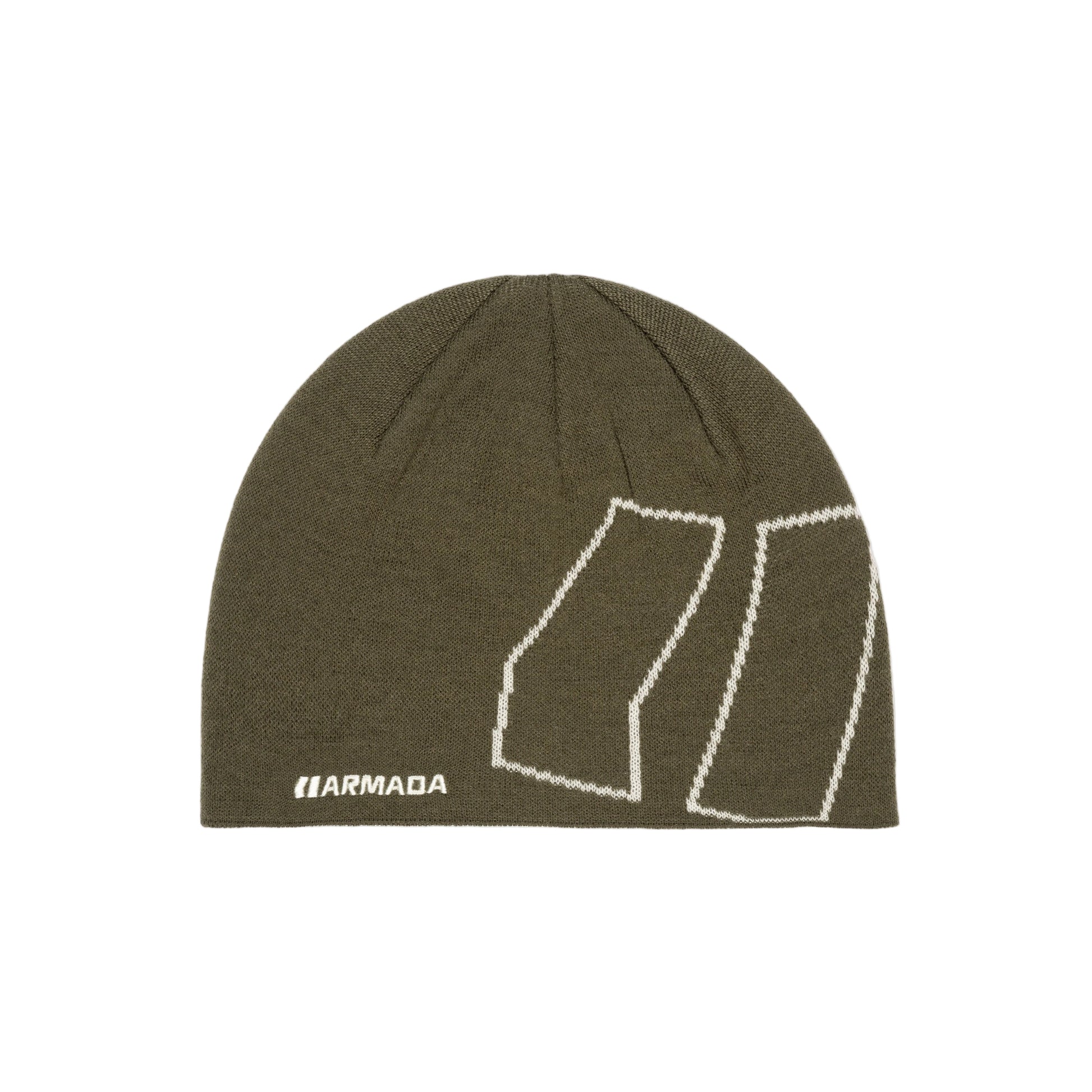 Green beanie with white logo on a white background