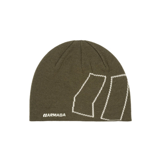 Green beanie with white logo on a white background