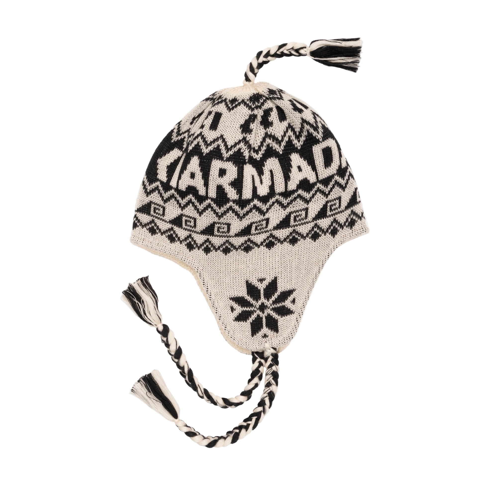 Knitted hat with pattern and text on a white background