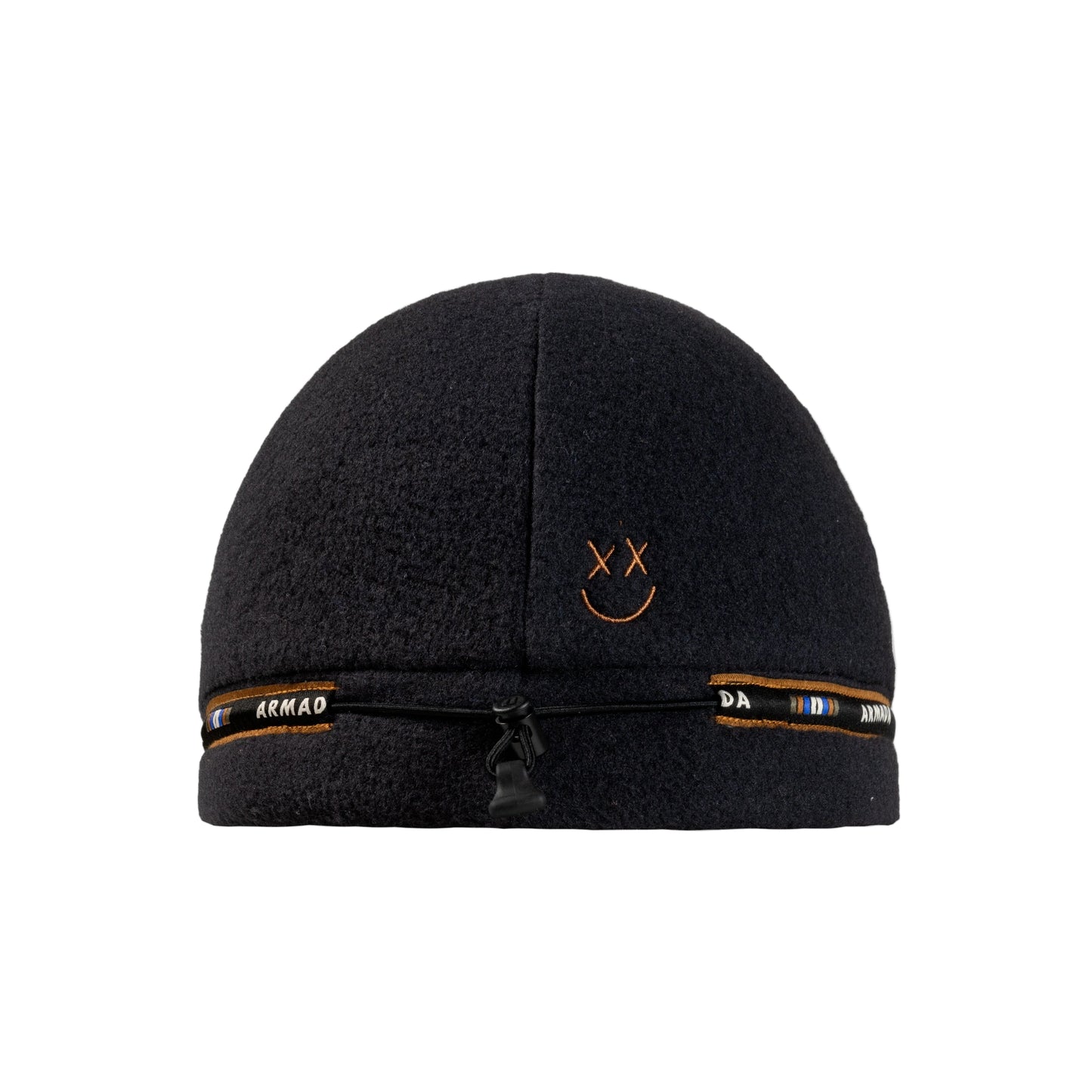 Black beanie with smiley face design and branding on a white background