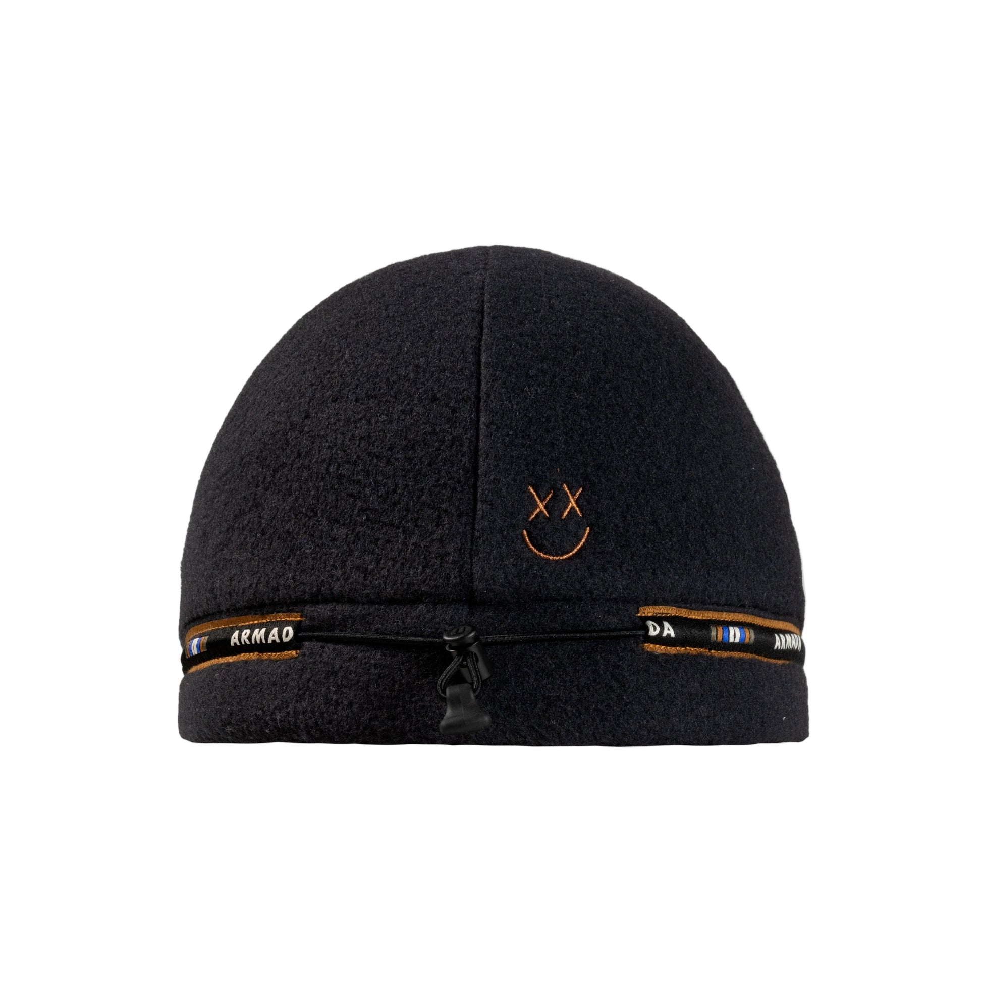 Black beanie with smiley face design and branding on a white background