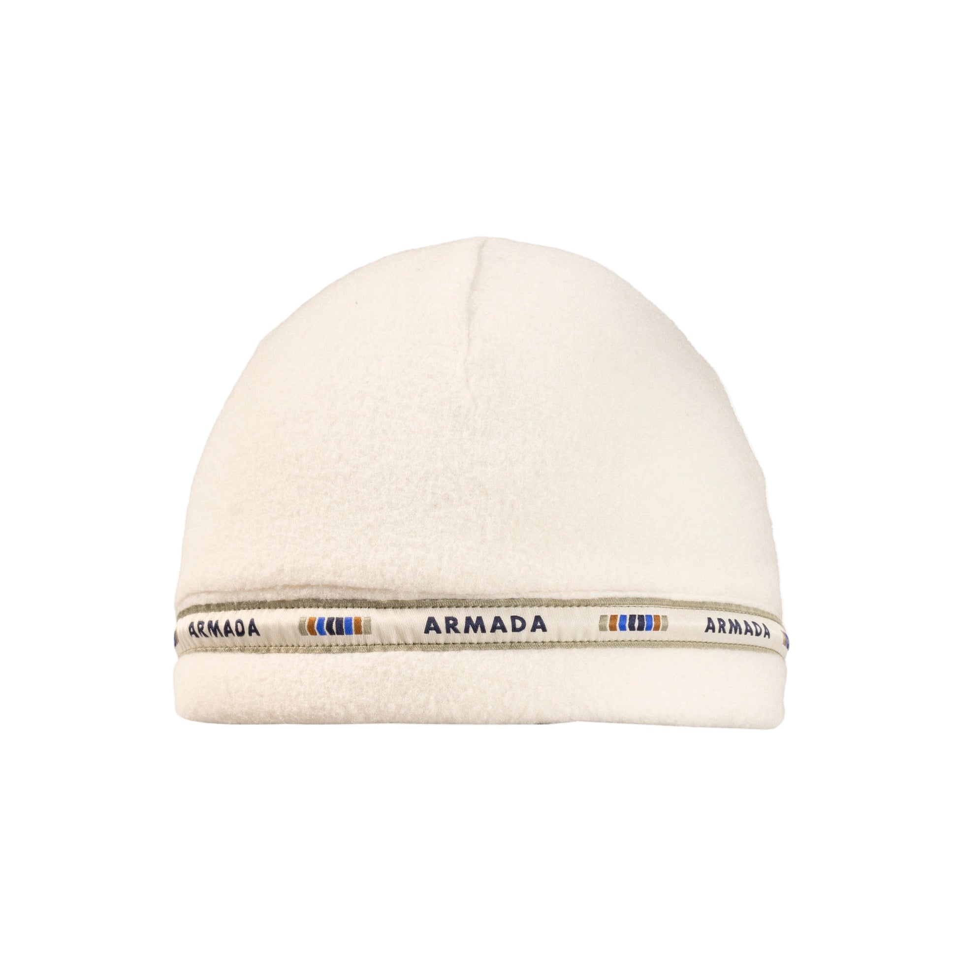 Beige beanie with Armada logo on a textured white background