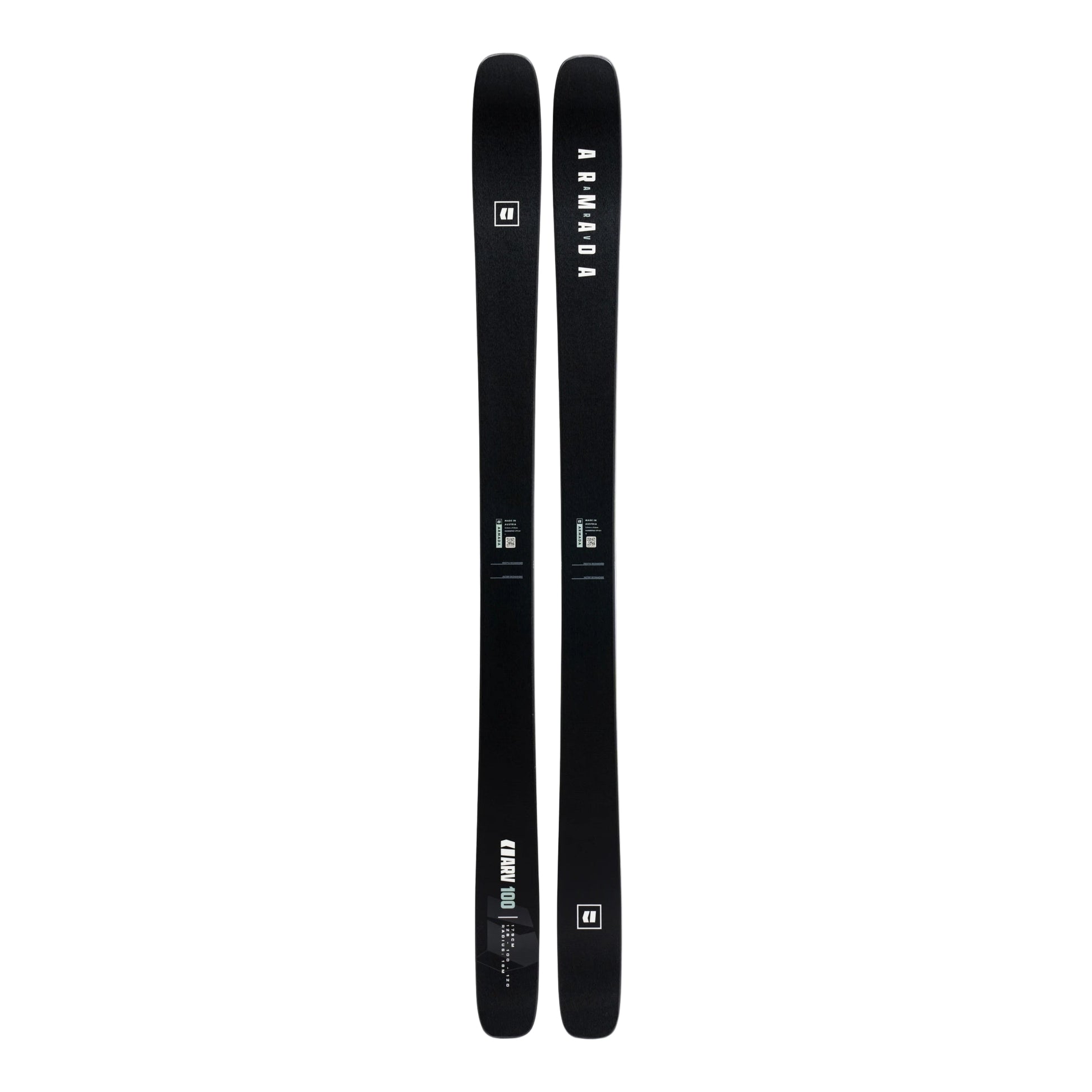 Two black skis with Armada branding on a white background