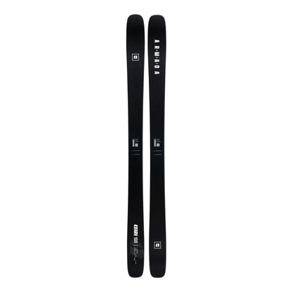Two black skis with Armada branding on a white background