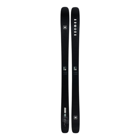 Two black skis with Armada branding on a white background