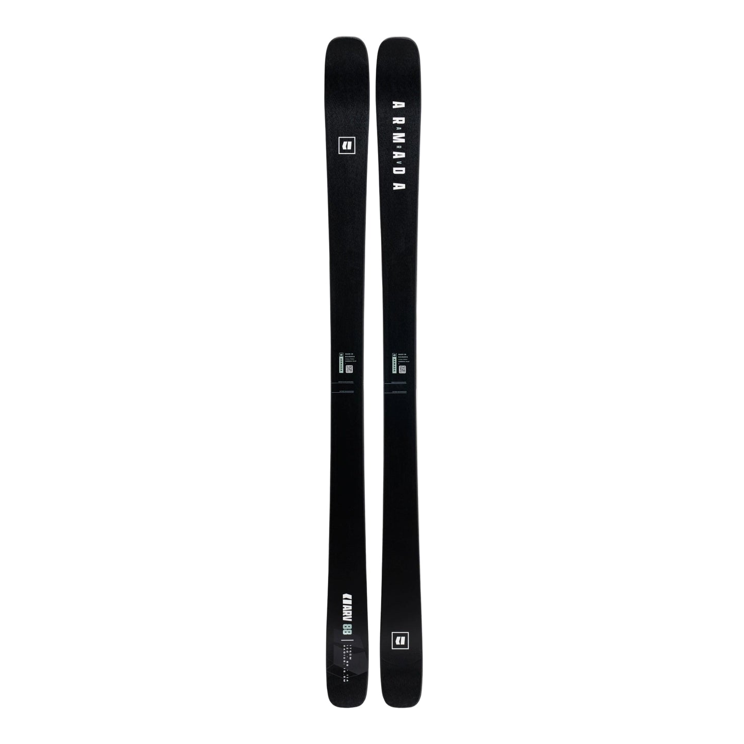 Two black skis with a brand logo on a white background