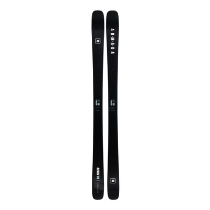 Two black skis with a brand logo on a white background