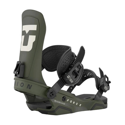 Green snowboard binding with Force branding on a white background