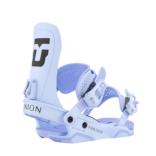 Light blue snowboard bindings with 'Union' and 'Trilogy' branding on a white background