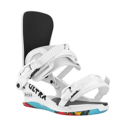 White snowboard binding with colorful base on a white background
