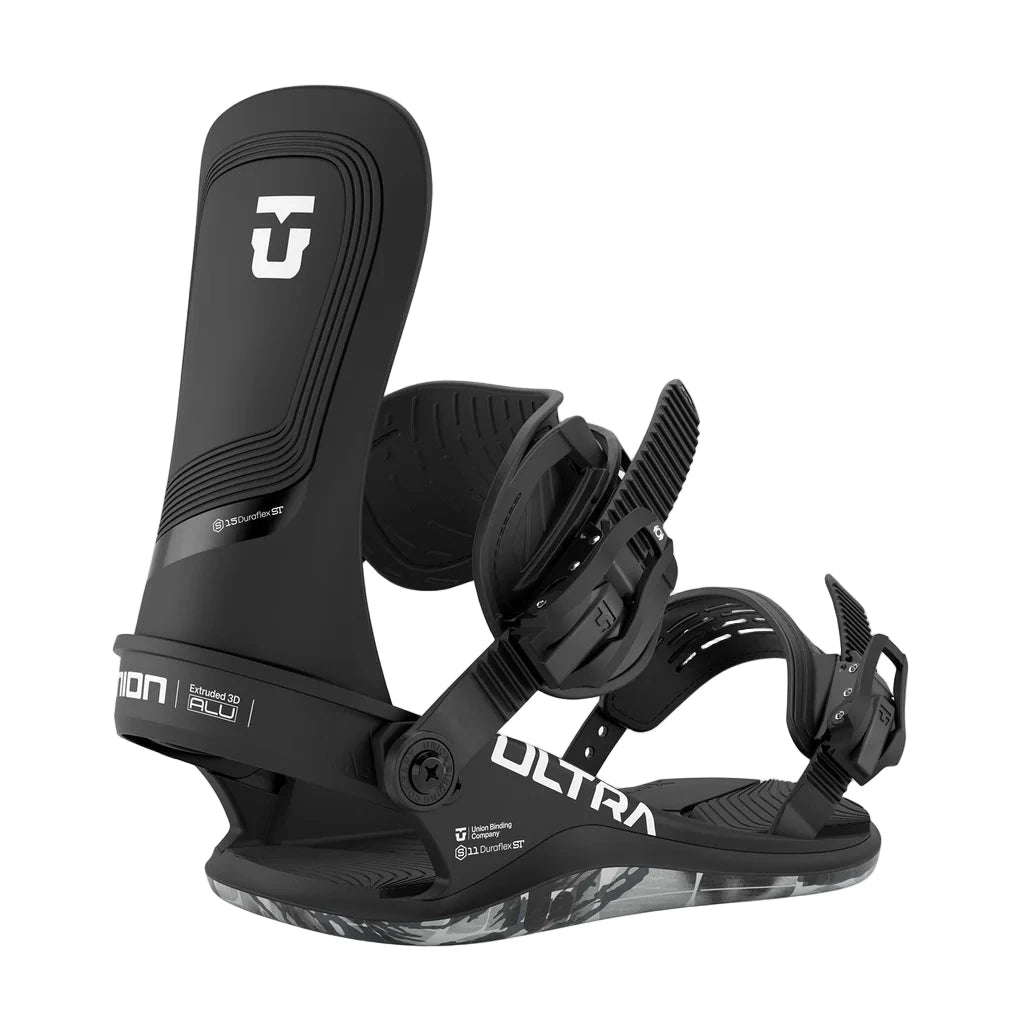 Black snowboard binding with Ultra branding on a white background