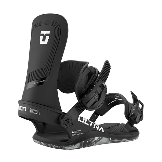 Black snowboard binding with Ultra branding on a white background