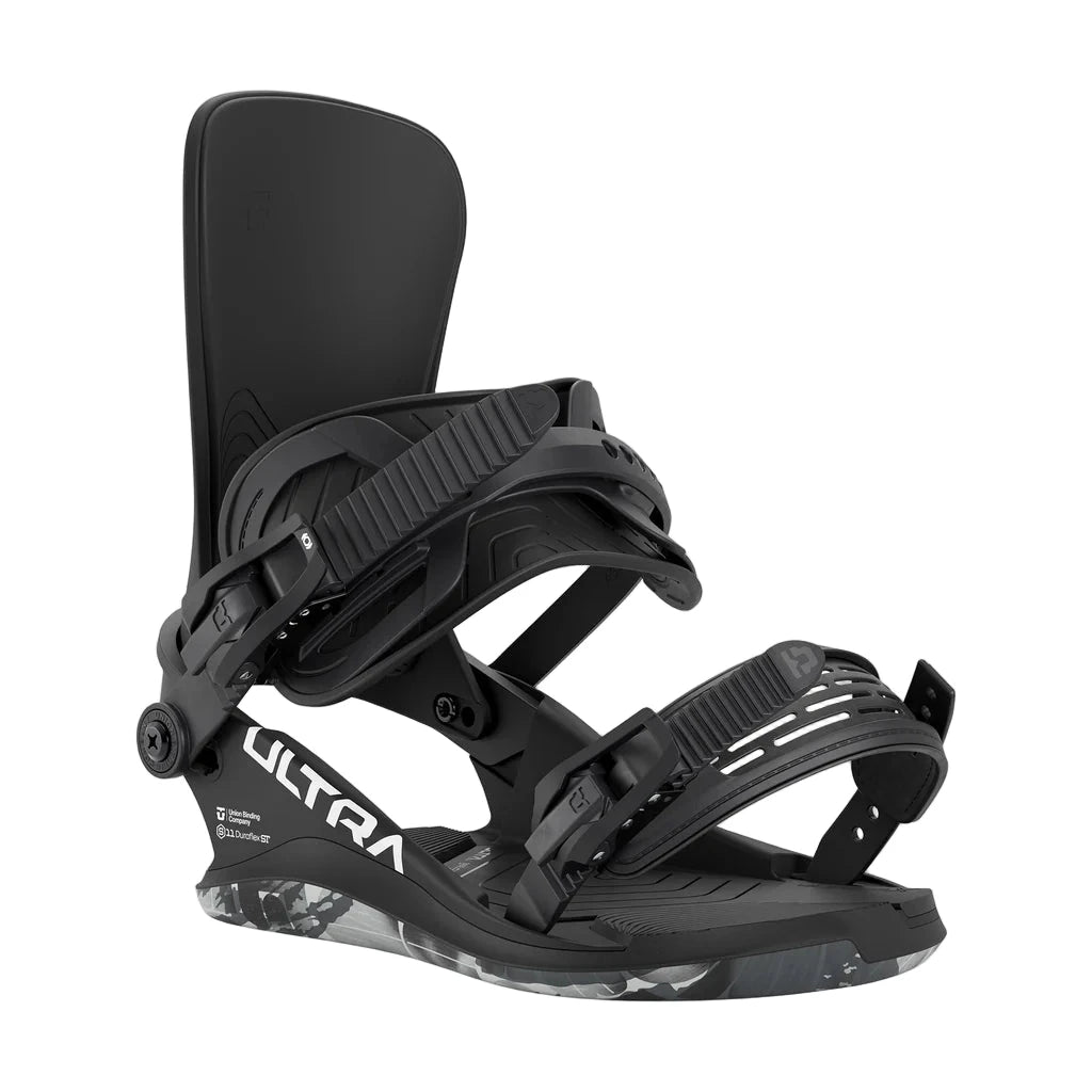 Black snowboard binding with 'Ultra' branding on a white background