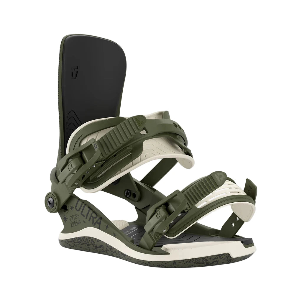 Green and white snowboard binding on a white background