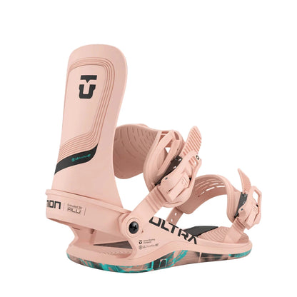Pink snowboard binding with 'Ultra' branding on a white background